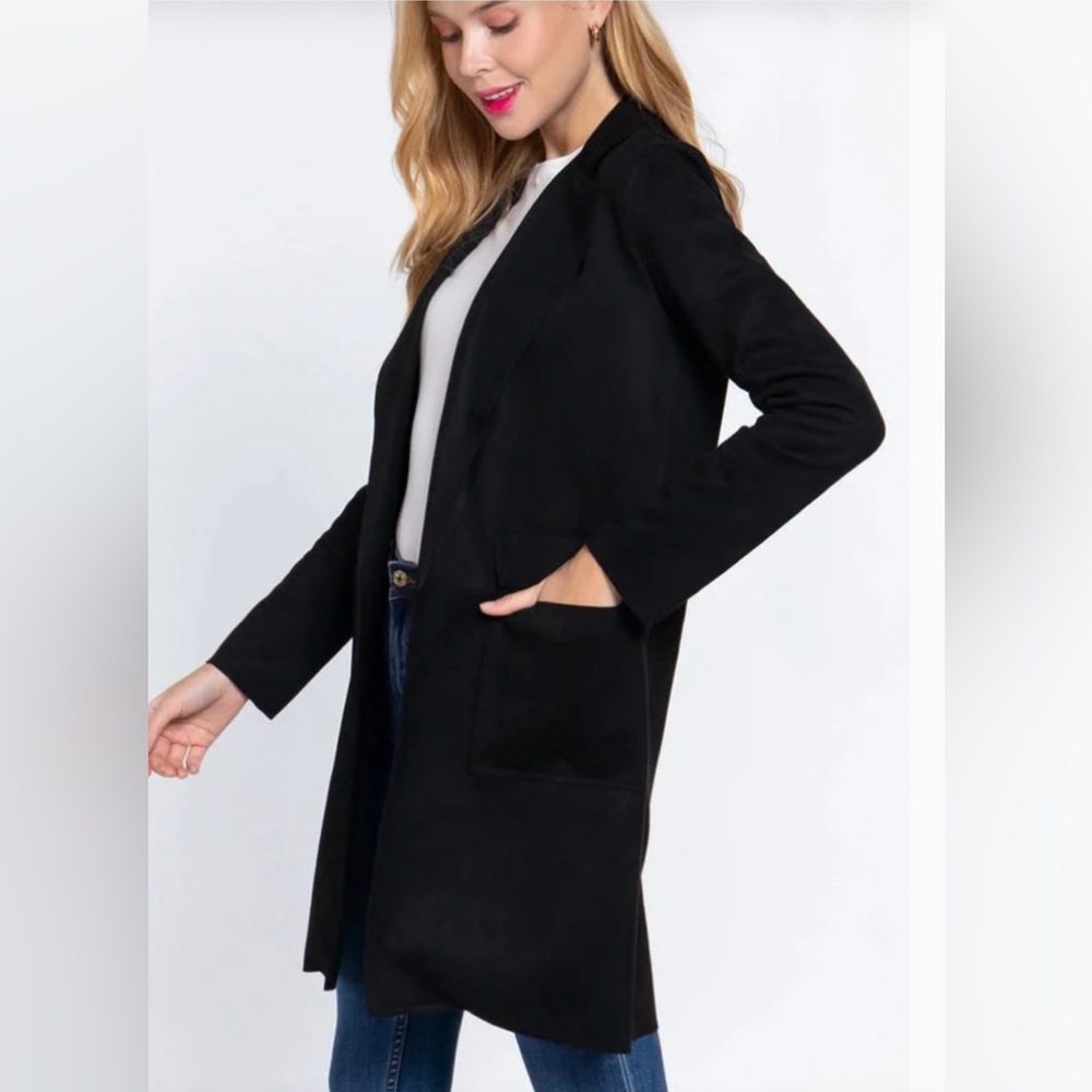 MOD Long Sleeve Open Front Faux Suede Coatigan, Sz M - Picture 3 of 14